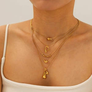 Five-layer 18K gold plated stainless steel necklace with geometric pendants on model