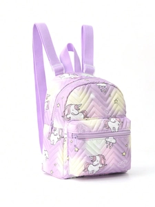 Detail of purple gradient unicorn backpack featuring wave quilting and star patterns