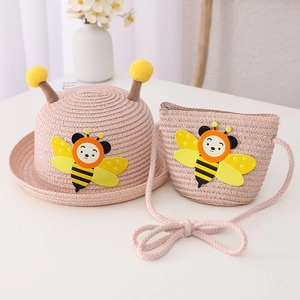 Kids Straw Hat And Crossbody Bag Cartoon Bee 3D Patch Yellow Pom Poms Summer Sun Protection Beach For Boys Girls