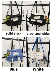 Detailed grid view of canvas messenger bags in black, blue, and white with cute charms
