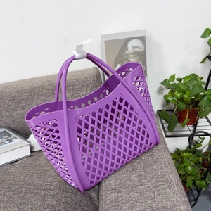 Purple hollow-out silicone tote bag with diamond mesh design for picnic and shopping