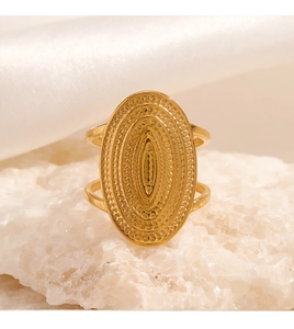 Detailed close-up of a gold oval statement ring featuring textured concentric patterns
