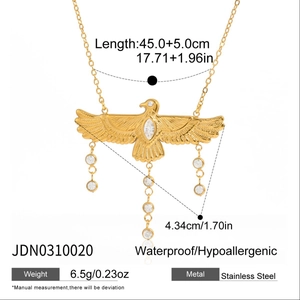 Details der Adler-Halskette mit Zirkonia, 45+5cm Edelstahlkette und Abmessungen im Bild