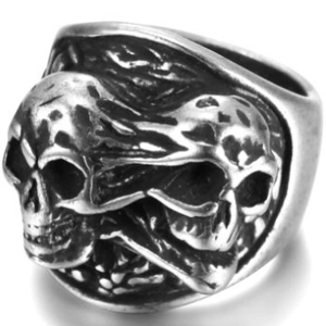 Vintage punk skull ring in oxidized stainless steel with gothic double skull carving