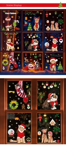 Detail of Christmas cat static window clings with festive snowflakes and trees decor