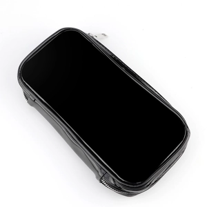 Large black glossy PU leather makeup brush bag with silver zipper on white background