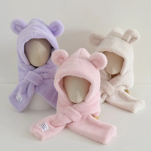 Kids plush bear ear hooded scarf set for ages 2-7 in purple, pink, and beige colors