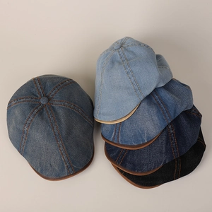 Retro Denim Flat Cap Cotton Ivy Hat With Faux Leather Trim Adjustable Buckle Contrast Stitching Casual For Women