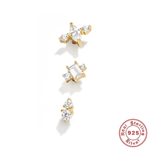 Three-piece S925 sterling silver gold stud earring set with geometric clear gemstones