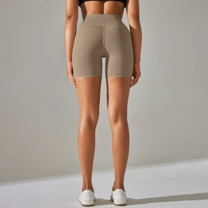 High-waisted khaki yoga shorts for women with tummy control and butt lifting effect