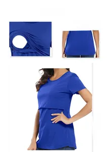 Detail view of royal blue nursing t-shirt with functional double-layer nursing opening