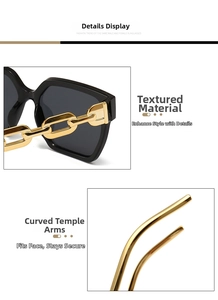 Detail of square sunglasses with gold chain accents and curved metal temples