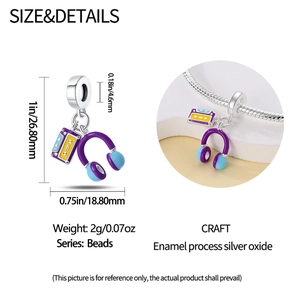 Detailed view of S925 sterling silver music theme charm with dimensions and specifications