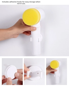 Detail of wall-mounted electric cleaning brush holder with adhesive hook and sponge head