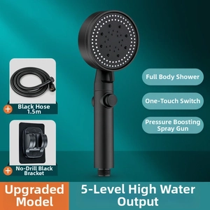 Black high pressure shower head set with 1.5m hose and no-drill wall mount bracket
