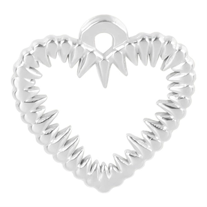 Macro detail of a silver spiked heart pendant with a metallic polished finish and ring