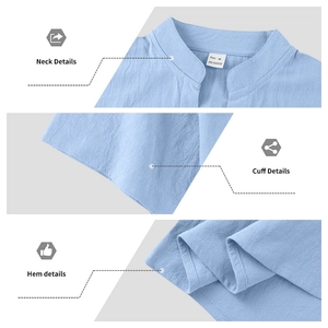 Detailed views of the stand collar neckline, flat cuffs and hem of light blue linen shirt