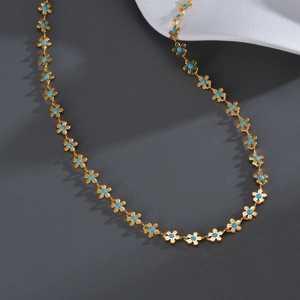 Chic 18k gold plated flower necklace with blue oil drip details for women jewelry set