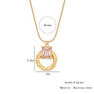 Macro view of stainless steel butterfly necklace with pink gem and dimensions info