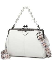 White vintage frame handbag with pearl handle and ethnic pattern wide shoulder strap