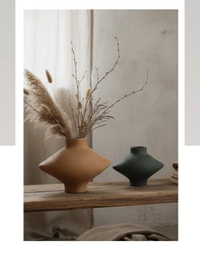Détail de vases géométriques en céramique avec texture brossée en terre cuite et vert foncé