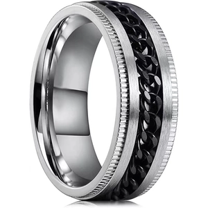 Bague spinner homme en acier inoxydable brossé avec chaîne noire et design argent