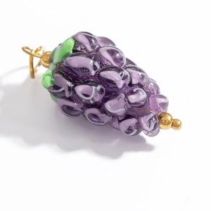 Handmade purple glass grape pendant charm with green leaf and gold loop for DIY jewelry