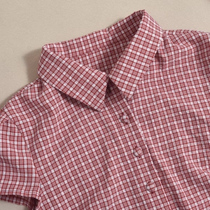 Close-up of red and white checkered shirt showing fabric texture and matching buttons