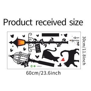 Gedetailleerde maattabel voor muursticker met katten en lantaarnpalen, 60 cm bij 30 cm