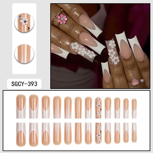 French press on nails long coffin shape with gradient nude pink color and white flowers