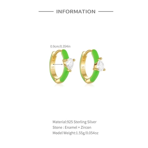 Detail of S925 sterling silver enamel hoop earrings with drop-shaped cubic zirconia