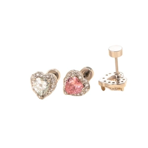 Silver-toned heart zircon screw back earrings in light green and pink color options