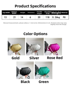 Detailed size specifications and color options for the shell-shaped pearl chain bag