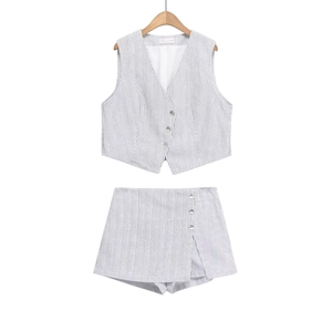 Ensemble Deux Pièces Femme Gilet Rayé Col en V et Jupe-Culotte Décontracté Streetwear Européen Polyester Sans Manches