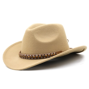 Classic beige western cowboy felt hat with a decorative beaded leather belt buckle band