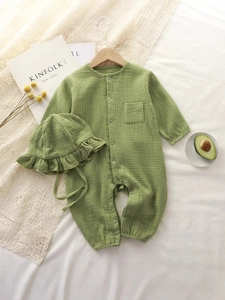Infant long sleeve cotton romper suit with ruffle hat in light green gauze fabric