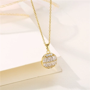 Gold stainless steel necklace with micro-pave zirconia round pendant and fine chain