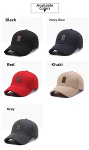 Detail view of cotton baseball caps in black navy red khaki and grey with leather patch
