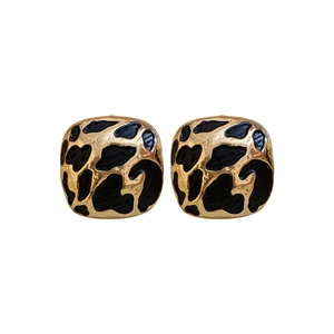 Retro square leopard print enamel stud earrings with gold-toned metal frame