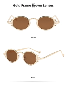 Detail of vintage gold metal sunglasses with engraved texture and oval tea lenses