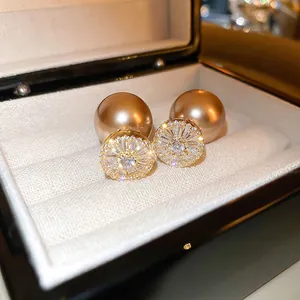 Dual-sided 18k gold plated earrings with large champagne pearl and zircon crystal stud