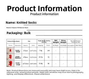 Size chart for mini red knitted Christmas boot ornaments in small, medium, and large sizes