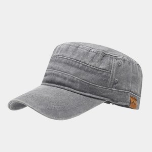 Vintage washed cotton flat top army cap in charcoal grey with mountain leather patch