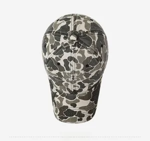 Top view of camouflage baseball cap with six-panel design and metal ventilation eyelets