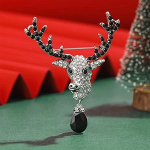 Vintage Christmas reindeer brooch with black rhinestones and water-drop crystal pendant
