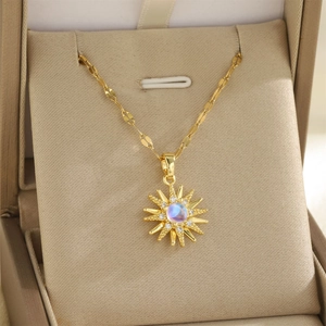 Sunburst Pendant Necklace Gold Plated Stainless Steel Synthetic Moonstone Zircon Dainty Lip Chain Jewelry For Women