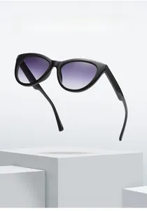 Detailed macro view of black cat-eye sunglasses with purple gradient lenses on stone