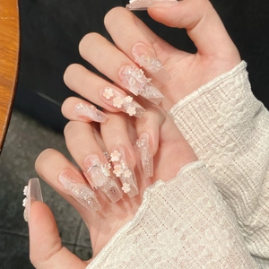 Long Coffin Handmade Press On Nails Pink Translucent With 3D Flowers Artificial Pearls And Glitters Elegant Style For Women