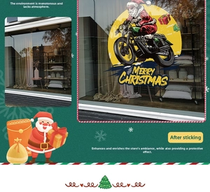 Detail view showing Santa Claus on a motorcycle window static sticker decoration