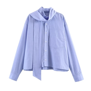 Blusa Donna Maniche Lunghe Popeline Poliestere Colletto Sciarpa Fiocco Tinta Unita Camicia Da Ufficio Con Tasca